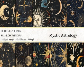 Mystic Astrology Digital Papers: Celestial Zodiac Patterns (Instant Download)