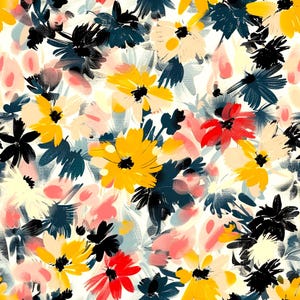 May include: A seamless textile pattern featuring a vibrant floral design with yellow, red, and dark blue brushstroke flowers set against a cream-colored background. The artistic print displays overlapping petals and soft, painterly textures.