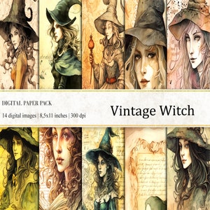 Vintage Witch Digital Papers, Vintage Witch Background, Junk Journal Backgrounds, Witch Digital Papers, Commercial Use, Vintage Background