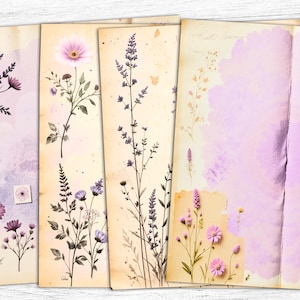 Papéis de diário de flores secas, fundo botânico roxo com flores, papéis de flores roxas, uso comercial, impressão floral