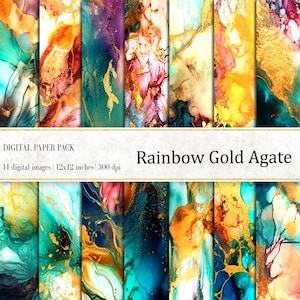 May include: A digital paper pack with 14 abstract designs featuring swirling patterns of gold, teal, purple, and pink. The designs are reminiscent of agate, a type of gemstone. The text "Rainbow Gold Agate" is displayed on the image.