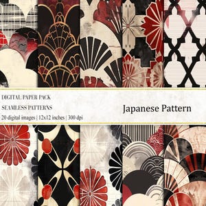 May include: A digital paper pack of 20 seamless patterns featuring Japanese-inspired designs. The patterns include geometric shapes, flowers, and fans in red, black, and gold on a white background.  "DIGITAL PAPER PACK SEAMLESS PATTERNS 20 digital images | 12x12 inches | 300 dpi" text is included in the image.