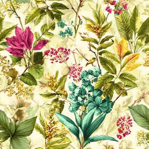 May include: A seamless floral pattern with diverse botanical elements. The design features bright pink, teal, and yellow flowers, alongside verdant green leaves and branches, set against a soft cream backdrop. The artwork has a watercolour-like quality.