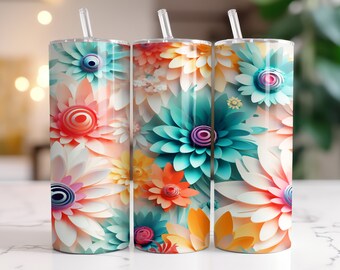 3D Summer Flowers Tumbler Wrap, Sublimation Design (Digital Download)
