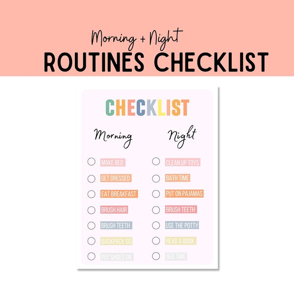 Morning Night Checklist Routine Chart for Kids, Morning Routine, Evening Responsibility Checklist, Morning Routine for Kids, Kid Chore Chart