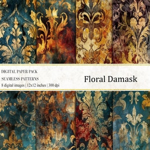Floral Damask Digital Papers, Floral Damask Backgrounds, Damask Seamless Pattern, Floral Damask Backgrounds, Damask Patterns, Commercial Use