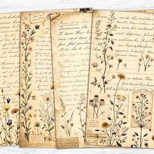 Papel de diario vintage, hojas botánicas, imprimible floral, arte floral, descarga digital, fondo de flores silvestres, hojas de cartas