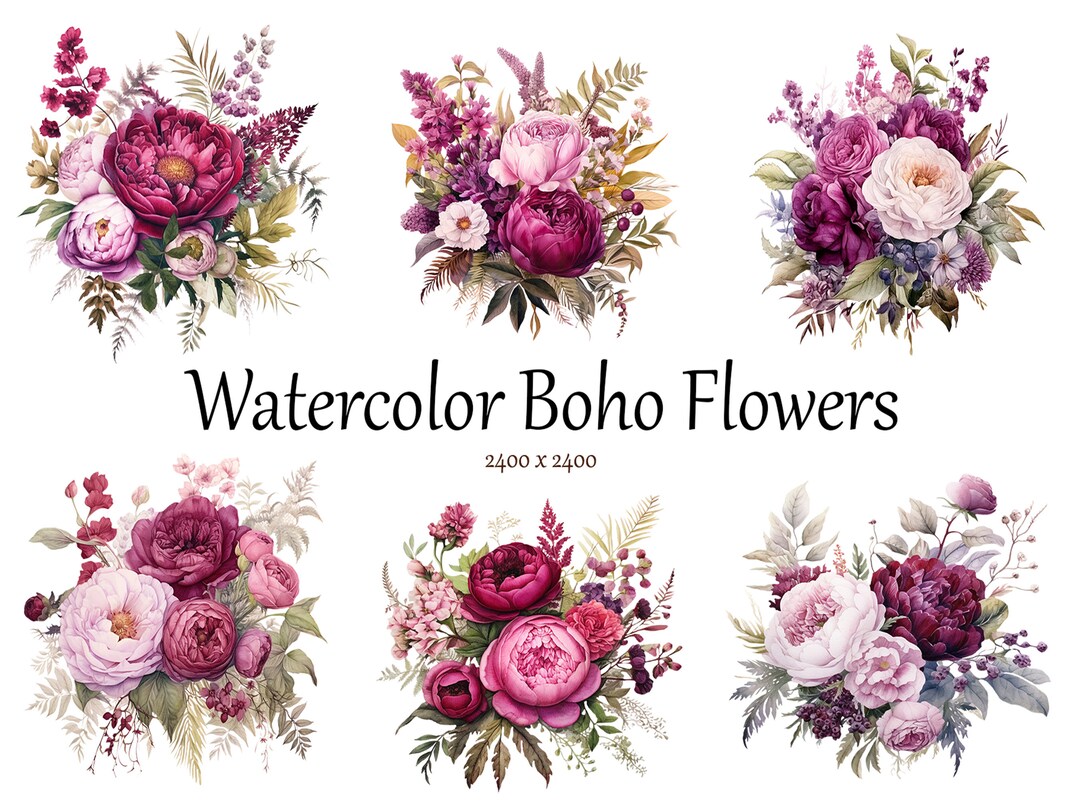 Watercolor Boho Peony Clipart: Vintage Floral PNG (digital Download) - Etsy