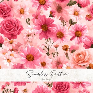 May include: A seamless pattern featuring a watercolor design of pink and white flowers, including roses and daisies, on a light pink background. The text "Seamless Pattern" is displayed in a white banner.