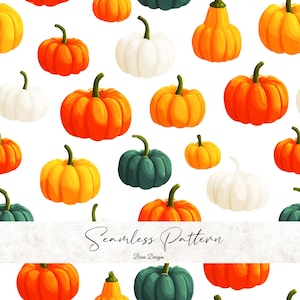 Può includere: Un motivo senza cuciture con zucche arancioni, gialle, bianche e turchesi, ognuna con un gambo verde, su sfondo bianco. Il testo "Seamless Pattern" e "Benn Designs" è visibile nella parte inferiore dell'immagine.