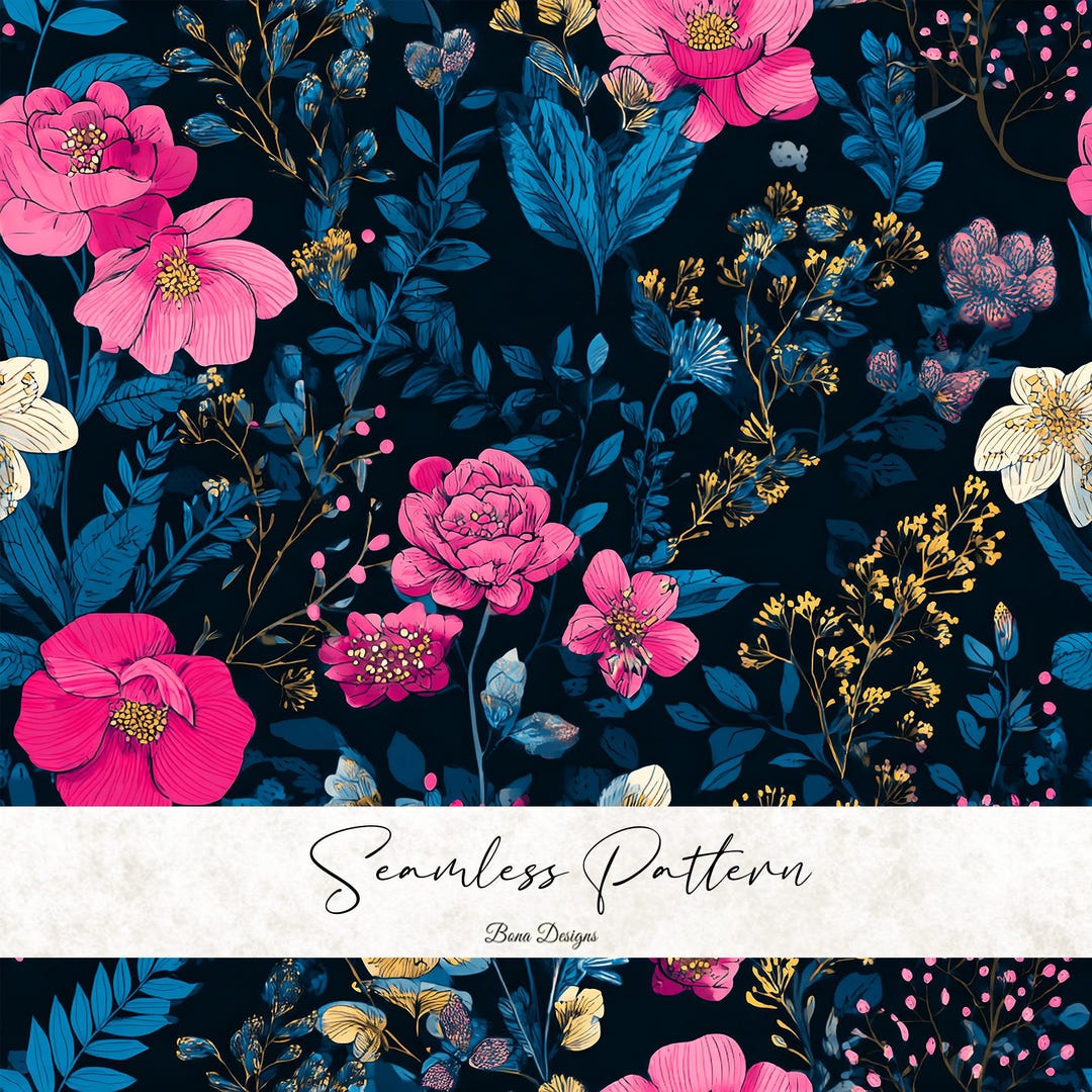 Floral Seamless Pattern: Pink Blue Blooms on Dark Background Fabric ...