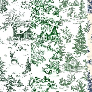 May include: A seamless pattern featuring a winter wonderland scene with houses, trees, deer, and snowflakes. The design is in black and white with green accents.