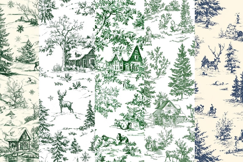 May include: A seamless pattern featuring a winter wonderland scene with houses, trees, deer, and snowflakes. The design is in black and white with green accents.