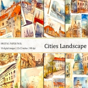 Papéis digitais de paisagens de cidades vintage, impressão de paisagens de cidades em aquarela, papel digital de paisagens de cidades, papéis de diário, uso comercial