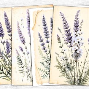 Papier pour journal indésirable lavande, pages de manuscrit, fleurs violettes imprimables, art vintage, téléchargement numérique, usage commercial, lavande imprimable