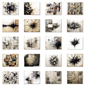 Peut inclure: Collection d'impressions d'art abstrait &agrave; l'esth&eacute;tique vintage. Chaque pi&egrave;ce pr&eacute;sente une composition unique de textures, de formes et de couleurs, notamment des bruns, des noirs et des blancs. Certaines impressions int&egrave;grent des &eacute;l&eacute;ments textuels.