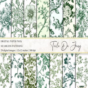 Papel digital Toile De Jouy, papel Chinoiserie, papel decoupage, papel vitoriano, papel de scrapbook Green Toile, French Toile Junk Journal