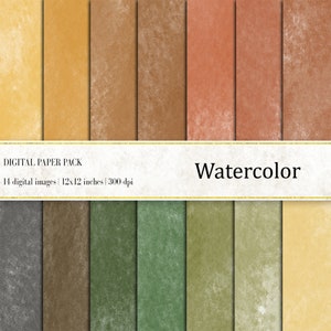 May include: A digital paper pack featuring 14 watercolor images, each 12x12 inches. The images display a variety of colors, including yellow, orange, brown, and green, with a textured, artistic appearance. The text "Watercolor" is displayed.