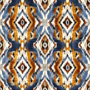 May include: A repeating pattern featuring diamond shapes in shades of navy blue, brown, gold, and cream. The design has a watercolor effect, with blurred edges and a textured appearance. The pattern is suitable for fabric or wallpaper.