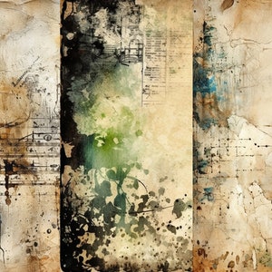 May include: Abstract art print with a vintage aesthetic. The print features three panels with a distressed, textured background. The panels are painted in shades of brown, beige, green, and blue. The print includes musical notes and other abstract designs.