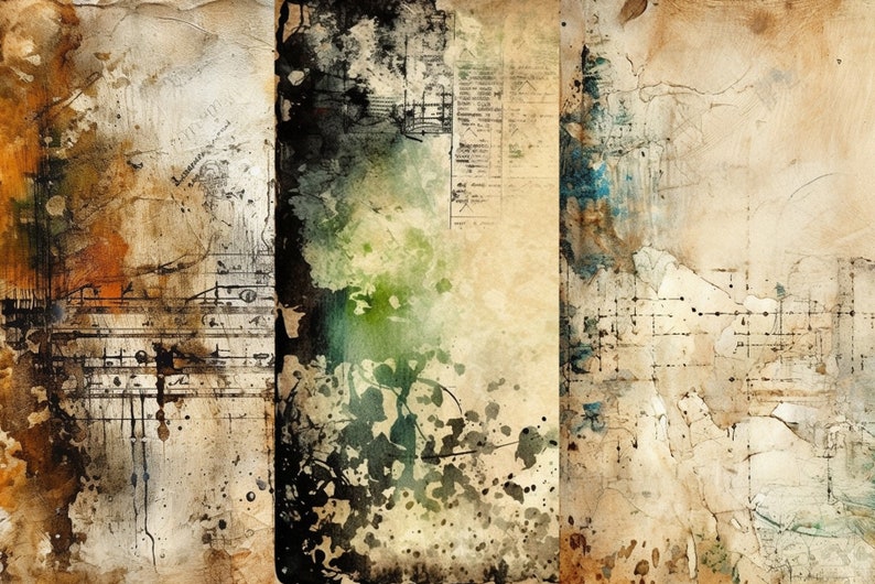 May include: Abstract art print with a vintage aesthetic. The print features three panels with a distressed, textured background. The panels are painted in shades of brown, beige, green, and blue. The print includes musical notes and other abstract designs.