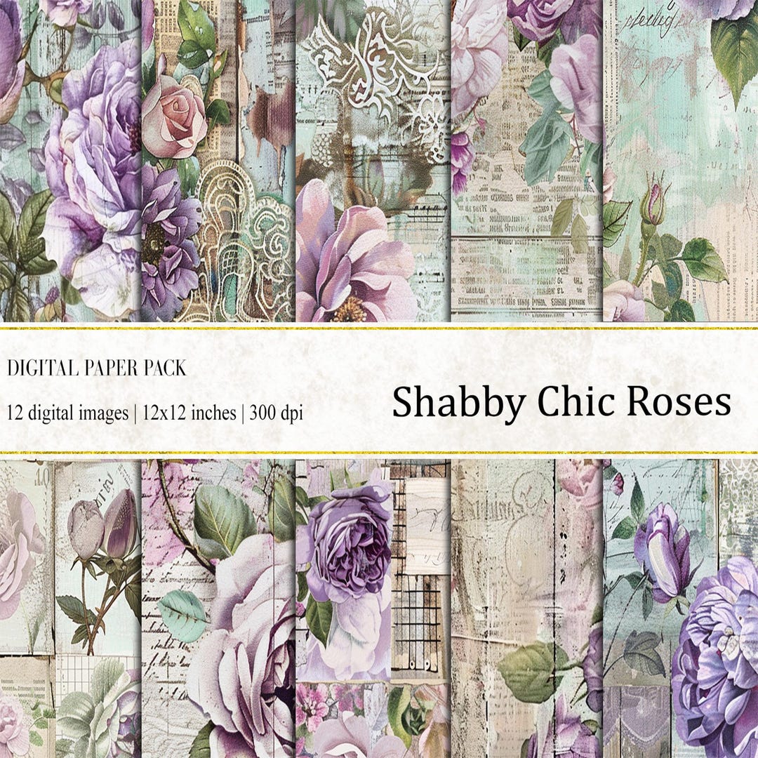 Shabby Chic Roses Digital Paper: Cottagecore Floral Patterns (12x12 ...
