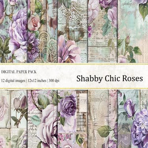 Shabby Chic Digital Papers, Padrões de rosas Cottagecore, Fundo de itens efêmeros florais, Papel de diário floral, Padrões de rosas e peônias roxas