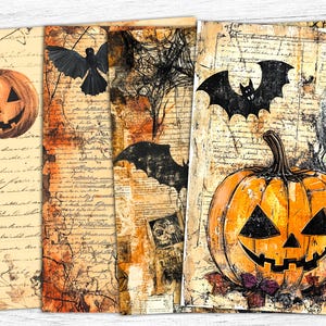 May include: A collection of vintage-style Halloween-themed prints. Each print features a jack-o'-lantern, bats, and a skull, set against a backdrop of aged paper with handwritten script. The color palette includes orange, black, and sepia tones.