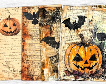 May include: A collection of vintage-style Halloween-themed prints. Each print features a jack-o'-lantern, bats, and a skull, set against a backdrop of aged paper with handwritten script. The color palette includes orange, black, and sepia tones.