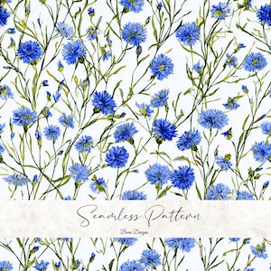 Peut inclure: Motif sans couture avec des bleuets bleus et des tiges vertes sur fond blanc. Le motif comprend le texte « Seamless Pattern » et « Bena Designs ». Ce motif floral convient à diverses applications.
