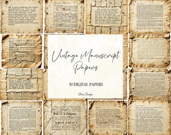 Puede incluir: Una colección de 50 papeles de manuscrito vintage digitales. Los papeles tienen un aspecto envejecido y desgastado con texto y manchas visibles. El papel central presenta "Vintage Manuscript Papers" y "50 DIGITAL PAPERS".