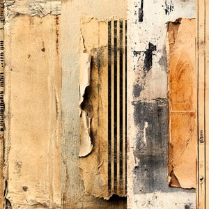May include: A close-up of a textured, layered background with torn pieces of paper. The paper is a mix of brown, beige, and white with black lines and text. The text is partially visible and reads "3/20/2121" and "Midlife" in black.