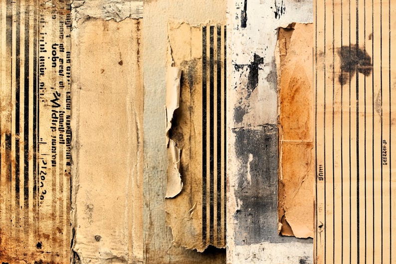 May include: A close-up of a textured, layered background with torn pieces of paper. The paper is a mix of brown, beige, and white with black lines and text. The text is partially visible and reads "3/20/2121" and "Midlife" in black.