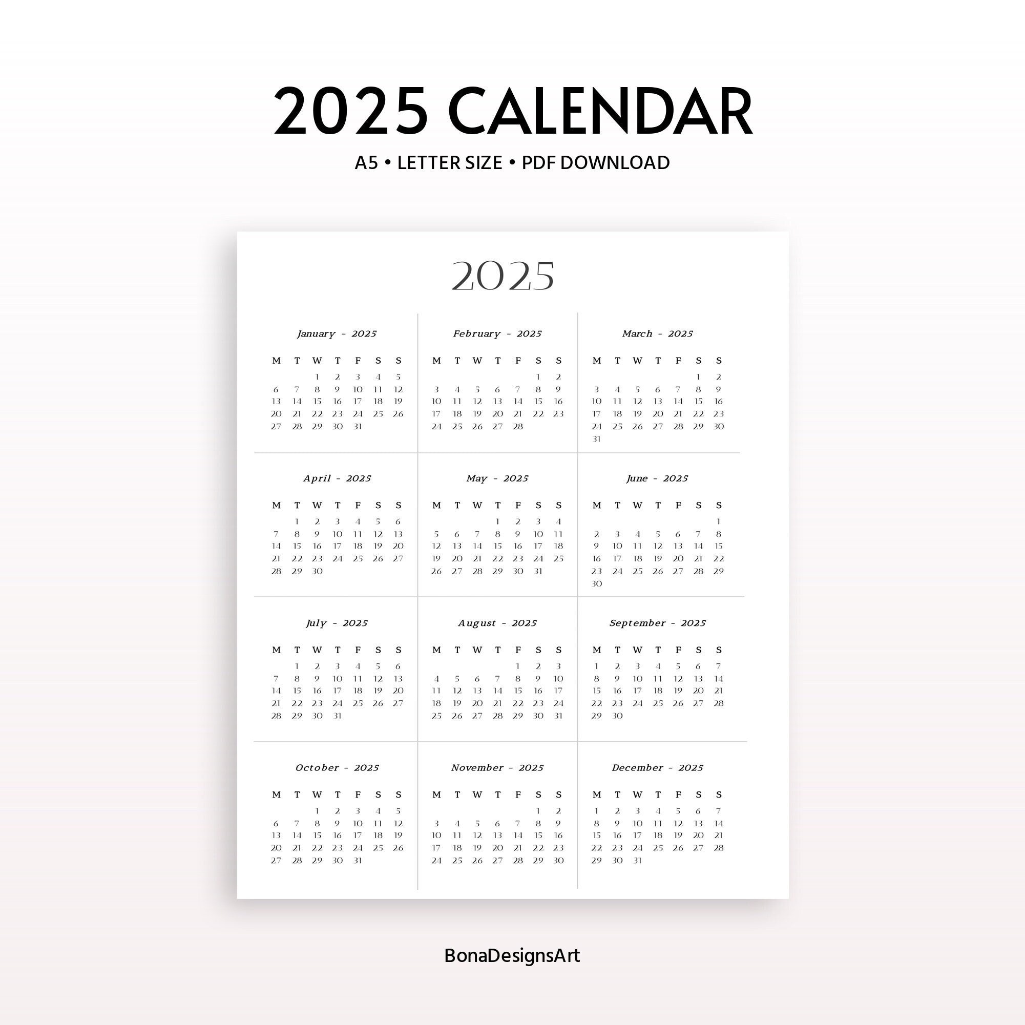 2025 Calendar, 2025 Calendar Yearly, Calendar Printable, Planner Wall Calendar, Calendar Planner