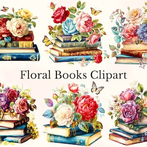 Watercolor Floral Books Clipart, Vintage Books Clip Art, Watercolor Books, Fantasy Books, Floral Clipart, Book Clip Art, Commercial Use