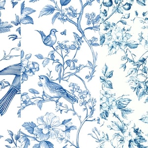 Blue Toile de Jouy Digital Paper: Chinoiserie Floral Patterns (12x12 inch PNG) (Digital Download) image 7