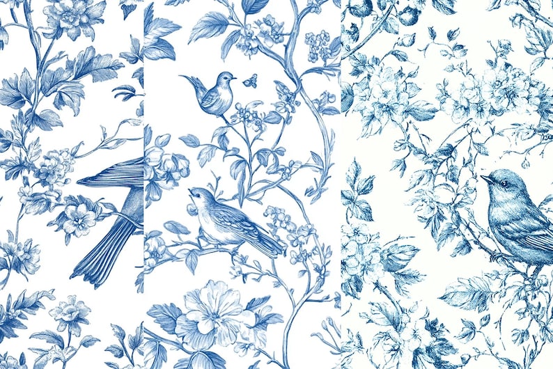 Blue Toile de Jouy Digital Paper: Chinoiserie Floral Patterns (12x12 inch PNG) (Digital Download) image 7