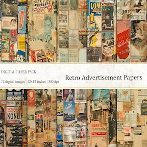 May include: A digital paper pack with 12 vintage-style advertisement images. The images are a collage of various advertisements, including products, services, and events. The images are in a retro style, with faded colors and a distressed look. The images are perfect for scrapbooking, card making, and other craft projects.