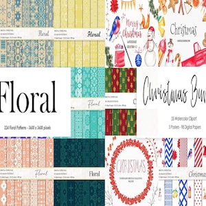 K&ouml;nnte beinhalten: Ein digitales Papierpaket mit 224 floralen Mustern und ein Weihnachtspaket mit 55 Aquarell-Cliparts, 5 Postern und 98 digitalen Papieren. Die floralen Muster sind in verschiedenen Farben und Designs gehalten. Das Weihnachtspaket enth&auml;lt Bilder von Weihnachtsb&auml;umen, Ornamenten, Geschenken und anderen festlichen Elementen.