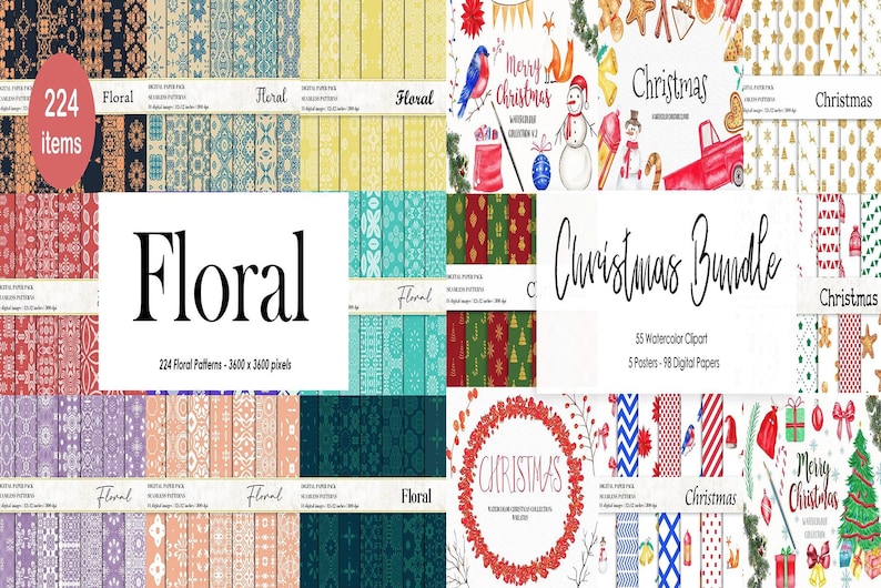 K&ouml;nnte beinhalten: Ein digitales Papierpaket mit 224 floralen Mustern und ein Weihnachtspaket mit 55 Aquarell-Cliparts, 5 Postern und 98 digitalen Papieren. Die floralen Muster sind in verschiedenen Farben und Designs gehalten. Das Weihnachtspaket enth&auml;lt Bilder von Weihnachtsb&auml;umen, Ornamenten, Geschenken und anderen festlichen Elementen.