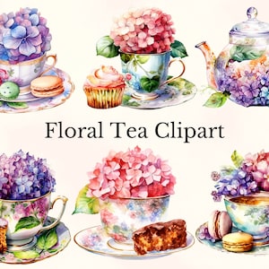 Clipart di tè floreale vintage ad acquerello, 20 PNG Clipart di tè con fiori di ortensia, Tazza da tè con ortensia PNG, Uso commerciale, Festa del tè vintage