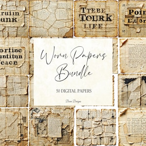 Puede incluir: Un paquete digital de 50 papeles de estilo vintage. Los papeles tienen un aspecto desgastado con bordes rasgados, fragmentos de texto y manchas de tinta. El texto central dice "Worn Papers Bundle" con "50 DIGITAL PAPERS" debajo. Los papeles son en tonos marrones y beige.
