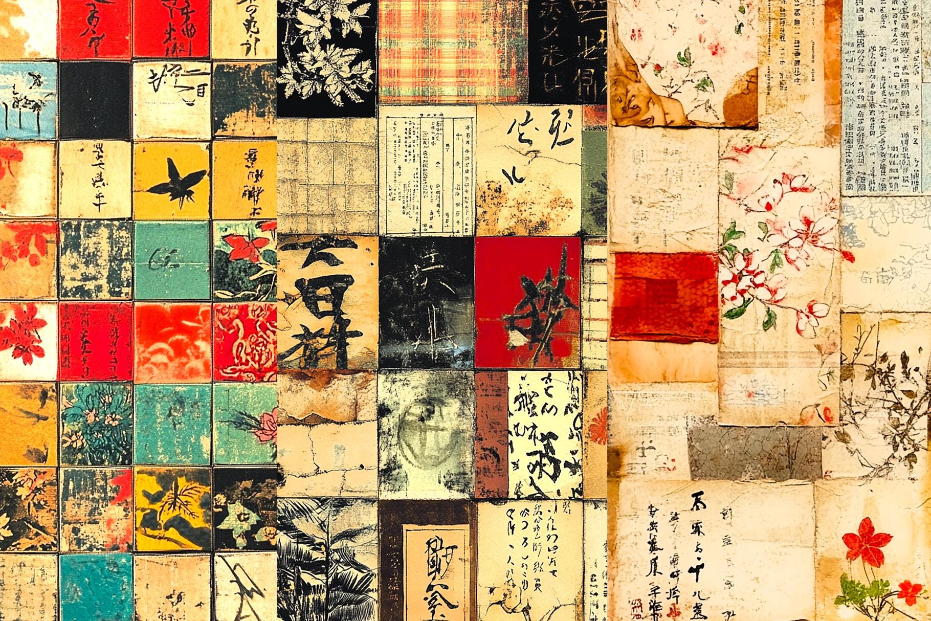 Japanese Collage Digital Papers: Vintage Oriental Backgrounds