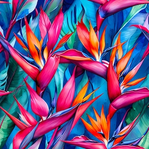 May include: A vibrant, seamless pattern featuring stylized bird of paradise flowers. The design showcases vivid hues of pink, orange, and blue, creating a tropical and eye-catching aesthetic. The artwork is reminiscent of a watercolor painting.