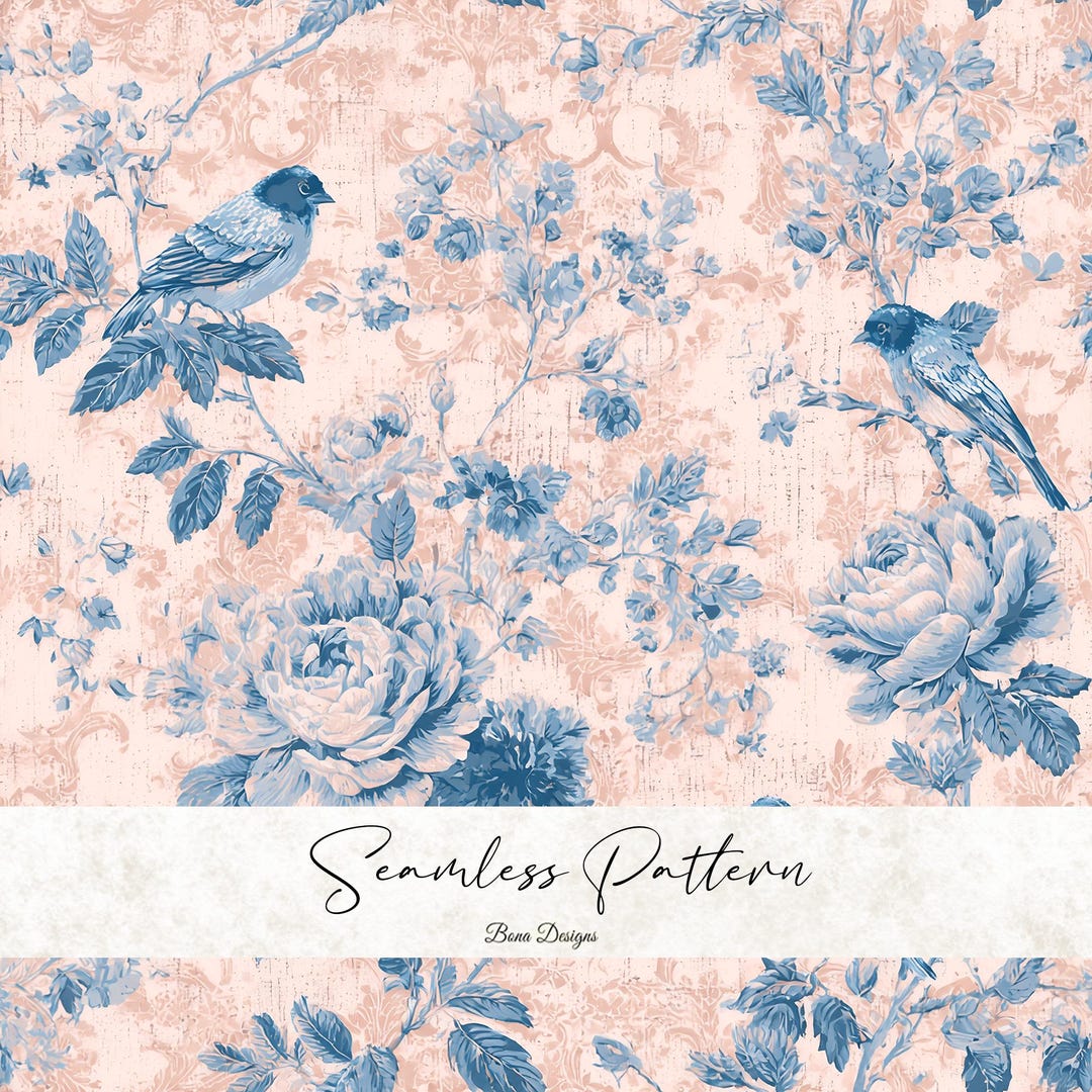 Vintage Toile Seamless Pattern: Pink Blue Rose and Bird Fabric Print ...
