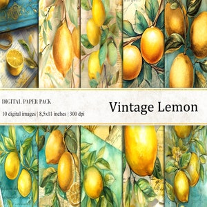 Vintage Zitrone Digitale Papiere, Vintage Digitales Papier, Zitrone Hintergründe, Zitrone Postkarte Hintergrund, Kommerzielle Nutzung, Vintage Journal Seiten