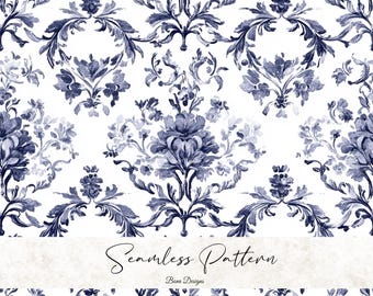 Blue Toile De Jouy Seamless Pattern: French Country Digital Paper (PNG)