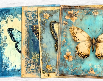 Könnte beinhalten: Vier Vintage-Schmetterlingsdrucke. Jeder Druck zeigt einen Schmetterling mit detaillierten Flügelmustern, vor einem strukturierten, verwitterten Hintergrund in Blau-, Creme- und Goldtönen. Florale Bordürendetails.