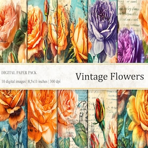 Papéis digitais de flores vintage, papel digital de flores, fundo de flores, papéis de diário florais, uso comercial, cartão postal vintage floral