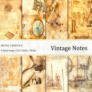 May include: A digital paper pack with 8 vintage style images. The images feature a variety of designs, including maps, clocks, and architectural drawings. The images are all in shades of brown and beige, and have a distressed, aged look. The text "Vintage Notes" is displayed at the top of the image.
